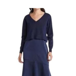 Sam Edelman Metallic Blue Lurex V Neck Crop Sweater Size 14 NWOT
